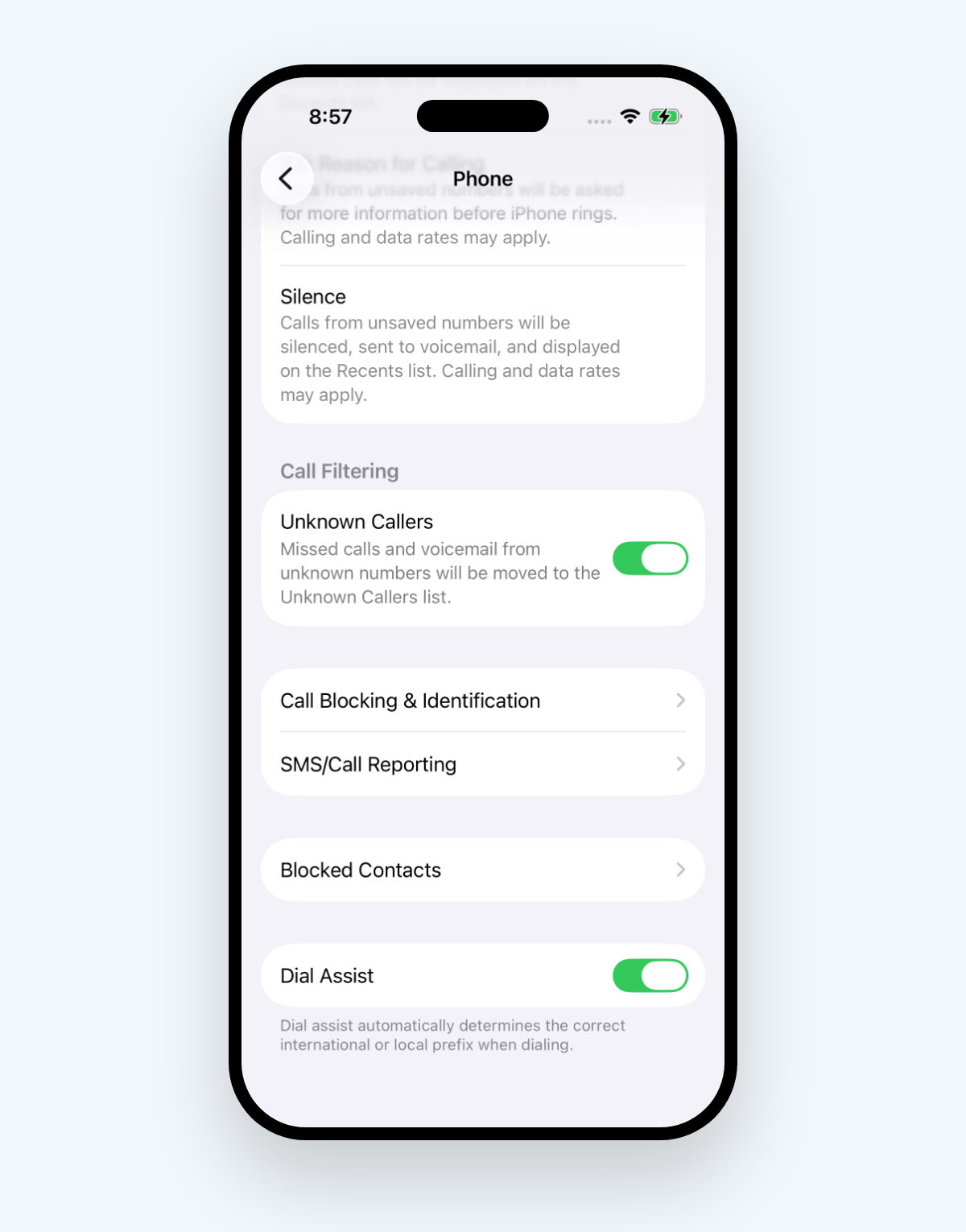 iPhone Settings, Apps, Phone, scrolled to Call Filtering with the Unknown Callers switch turned on, above Call Blocking and Identification, SMS/Call Reporting and Blocked Contacts