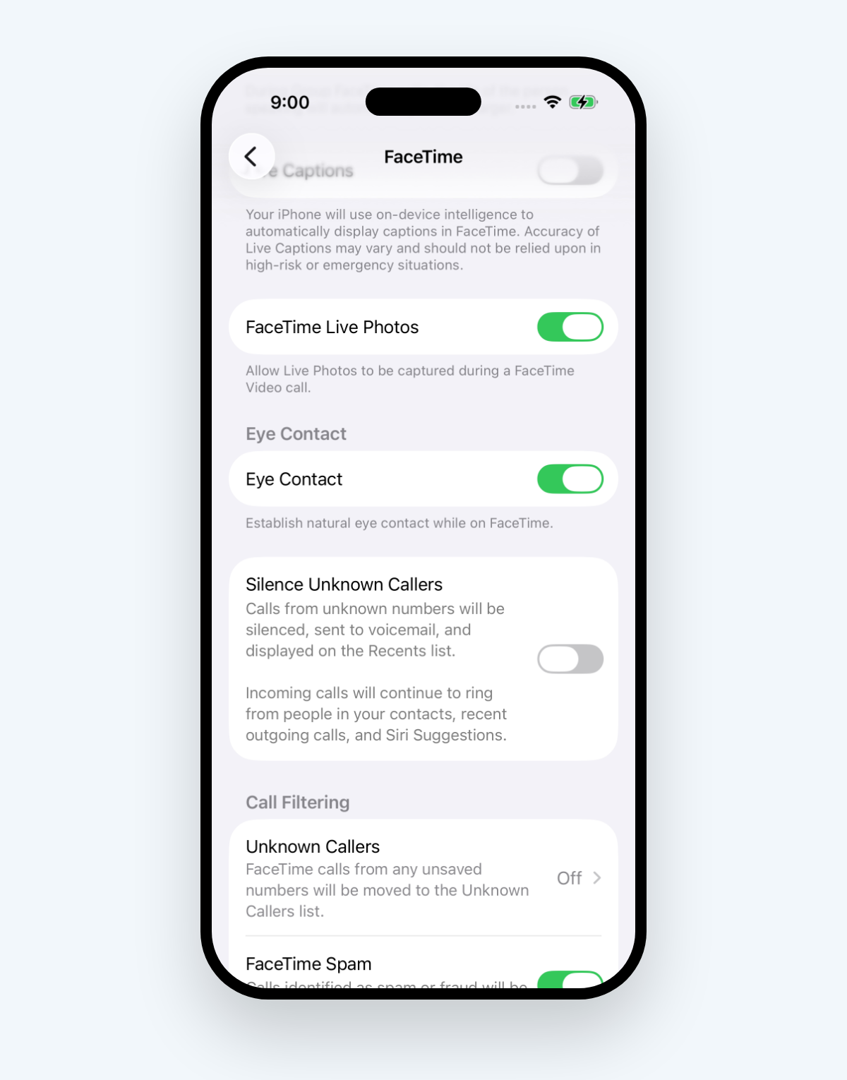 iPhone Settings, Apps, FaceTime: the Silence Unknown Callers switch, turned off, above FaceTime's own Call Filtering section