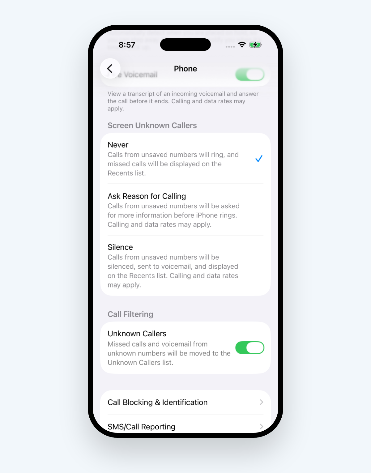 iPhone Settings, Apps, Phone: the Screen Unknown Callers options Never, Ask Reason for Calling and Silence, with Call Filtering and its Unknown Callers switch below
